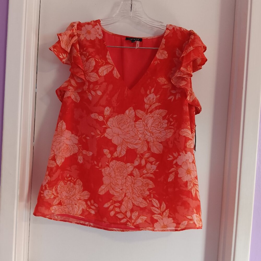 1 State Rose Of Sharon Flutter Sleeve V Neck Blouse Size M  NWT